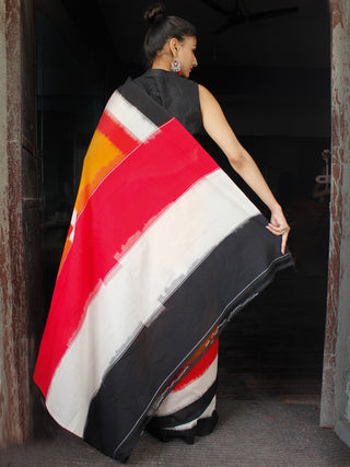 Black Red White Orange Ikat Handwoven Cotton Saree - S031703635