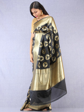 Banarasee Art Silk Saree With Bird Motif - Black & Gold - S031704333