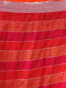 Red Orange Silver Handwoven Checked Linen Saree With Zari Border - S031703466