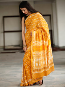 Golden Yellow Ivory Hand Block Printed Handwoven Linen Saree With Zari Border - S031703799