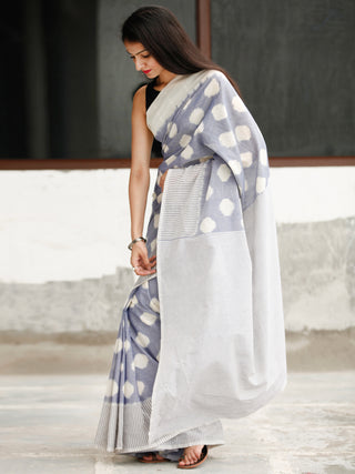 Steel Blue White Grey Ikat Handwoven Cotton Saree - S031704049