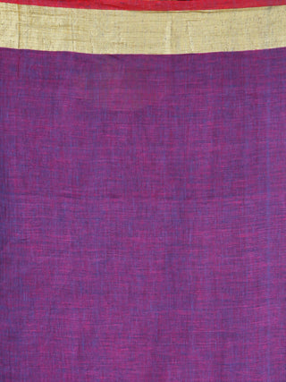 Purple Magenta Golden Handwoven Linen Jamdani Saree With Zari Border & Tassels - S031704022
