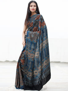 Indigo Maroon Beige Black Ajrakh Hand Block Printed Modal Silk Saree in Natural Colors - S031703720
