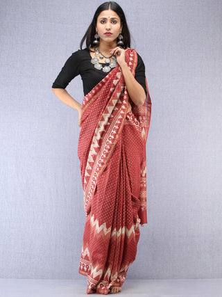 Rosewood Ivory Hand Block Printed Maheshwari Silk Saree With Zari Border - S031704527