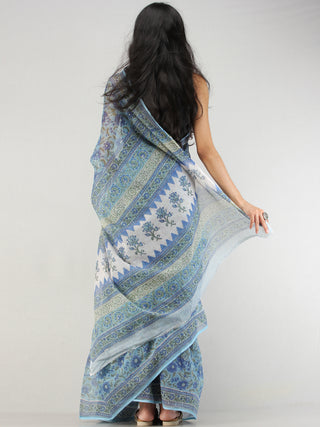 Sky Blue Indigo White Hand Block Printed Kota Doria Saree - S031704577