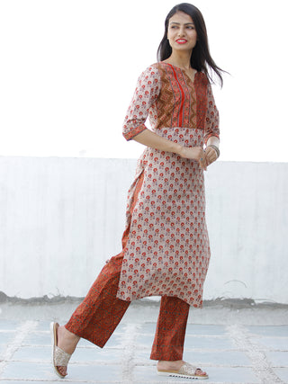 Beige Brown Green Cotton Block Printed Kurta & Pants - Set of 2 - SS01F1876
