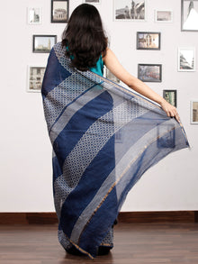 Indigo White Chanderi Silk Hand Block Printed Saree With Zari Border - S031703179