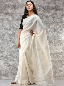White Golden Hand Block Printed Maheshwari Silk Saree With Zari Border - S031704514