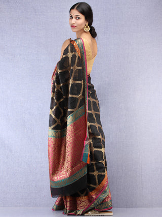 Banarasee Cotton Silk Saree With Zari Work - Black Pink & Antique Gold - S031704430