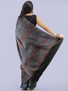 Indigo Black Maroon Ivory Ajrakh Hand Block Printed Modal Silk Saree - S031704262