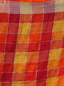 Red Orange Silver Handwoven Checked Linen Saree With Zari Border - S031703466