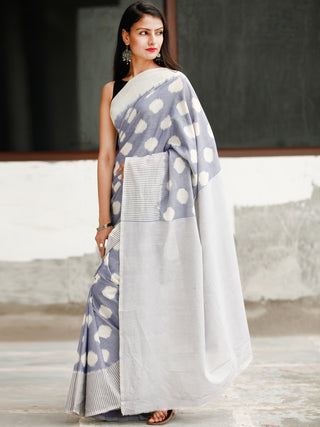Steel Blue White Grey Ikat Handwoven Cotton Saree - S031704049