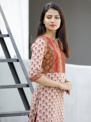 Beige Brown Green Cotton Block Printed Kurta & Pants - Set of 2 - SS01F1876