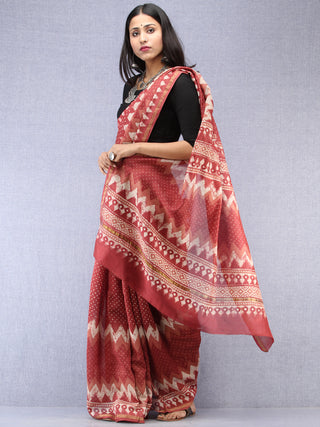 Rosewood Ivory Hand Block Printed Maheshwari Silk Saree With Zari Border - S031704527