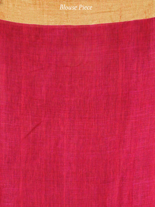 Purple Magenta Golden Handwoven Linen Jamdani Saree With Zari Border & Tassels - S031704022