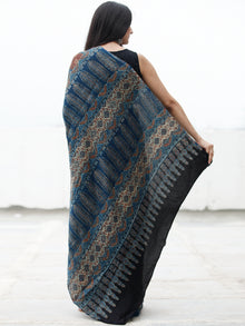 Indigo Maroon Beige Black Ajrakh Hand Block Printed Modal Silk Saree in Natural Colors - S031703720