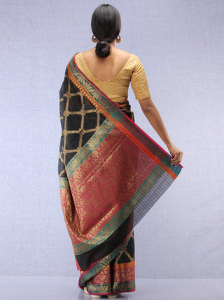 Banarasee Cotton Silk Saree With Zari Work - Black Pink & Antique Gold - S031704430
