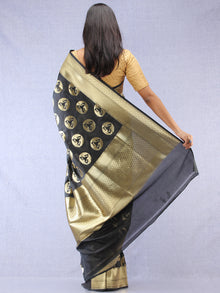 Banarasee Art Silk Saree With Bird Motif - Black & Gold - S031704333
