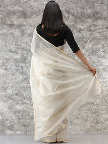 White Golden Hand Block Printed Maheshwari Silk Saree With Zari Border - S031704514