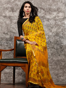 Yellow Orange Green Hand Block Printed Chiffon Saree with Zari Border - S031703499