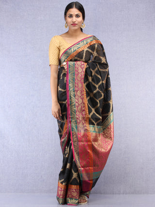 Banarasee Cotton Silk Saree With Zari Work - Black Pink & Antique Gold - S031704430