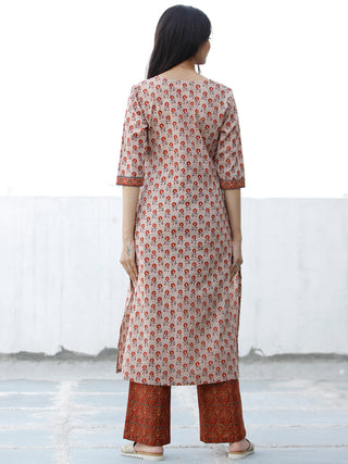 Beige Brown Green Cotton Block Printed Kurta & Pants - Set of 2 - SS01F1876