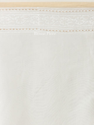 White Golden Hand Block Printed Maheshwari Silk Saree With Zari Border - S031704514