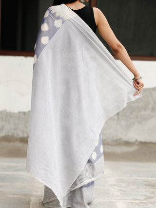 Steel Blue White Grey Ikat Handwoven Cotton Saree - S031704049