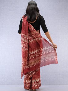 Rosewood Ivory Hand Block Printed Maheshwari Silk Saree With Zari Border - S031704527