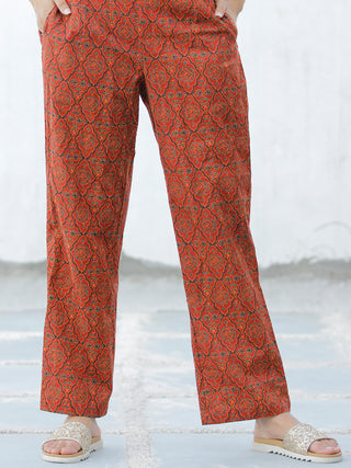 Beige Brown Green Cotton Block Printed Kurta & Pants - Set of 2 - SS01F1876