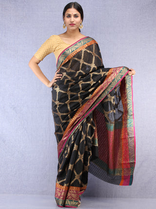 Banarasee Cotton Silk Saree With Zari Work - Black Pink & Antique Gold - S031704430