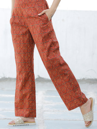 Beige Brown Green Cotton Block Printed Kurta & Pants - Set of 2 - SS01F1876