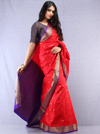 Banarasee Art Silk Self Weave Saree With Zari Work - Red Purple & Gold - S031704431