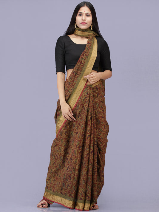 Olive Green Maroon Black Bagh Printed Maheshwari Cotton Saree - S031704205