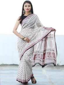 White Black Red Bagh Hand Block Printed Kota Doria Saree - S031703899