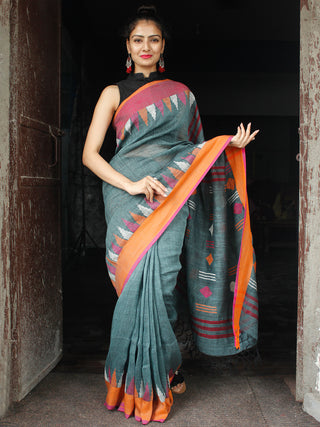 Light Teal Green Orange Handwoven Linen Jamdani Saree With Temple Border & Tassels - S031704024