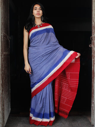 Royal Blue Red White Double Ikat Handwoven Mercerised Cotton Saree - S031703537