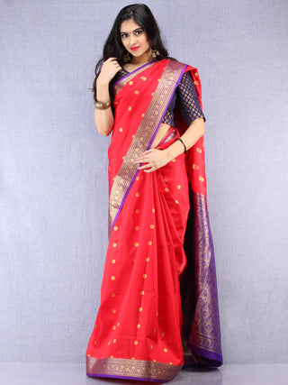 Banarasee Art Silk Self Weave Saree With Zari Work - Red Purple & Gold - S031704431