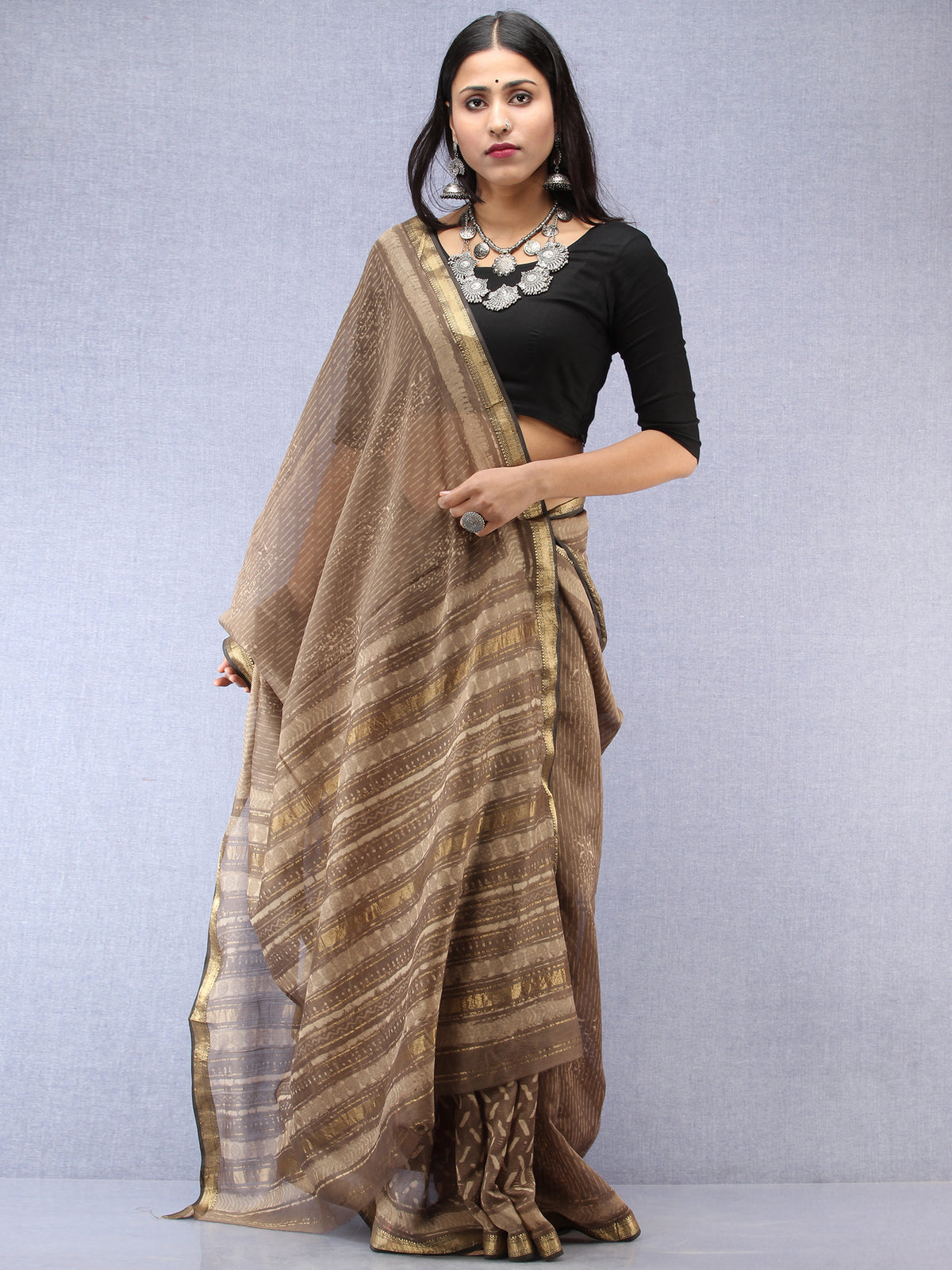 Kashish Ivory Hand Block Printed Maheshwari Silk Saree With Zari Border - S031704528