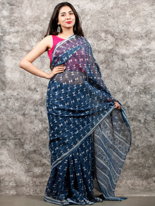 Indigo White Hand Block Printed Kota Doria Saree In Natural Colors - S031703216