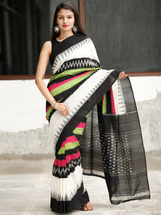 White Black Green Ikat Handwoven Cotton Saree - S031704054