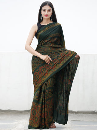 Green Maroon Yellow Ajrakh Hand Block Printed Modal Silk Saree in Natural Colors - S031703721