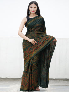 Green Maroon Yellow Ajrakh Hand Block Printed Modal Silk Saree in Natural Colors - S031703721