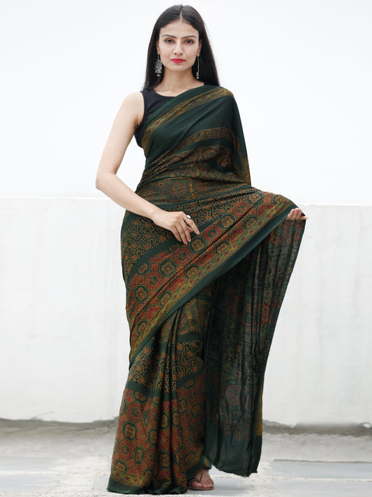 Green Maroon Yellow Ajrakh Hand Block Printed Modal Silk Saree in Natural Colors - S031703721
