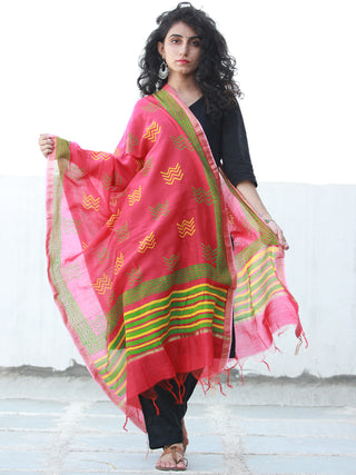 Crimson Yellow Green Chanderi Hand Block Printed Dupatta - D04170474