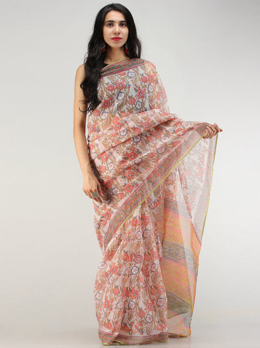 White Coral Indigo Hand Block Printed Kota Doria Saree  - S031704578