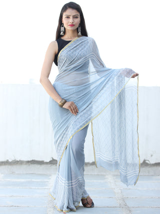 Pastel Blue White Hand Block Printed Chiffon Saree with Zari Border - S031703937