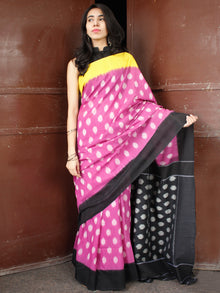 Lavender Black Yellow Double Ikat Handwoven Mercerised Cotton Saree With Ganga Jamuna Border - S031703663