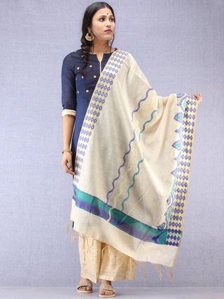 Banarasi Chanderi Dupatta With Zari Work - Ivory Blue & Green - D04170818