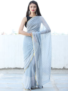 Pastel Blue White Hand Block Printed Chiffon Saree with Zari Border - S031703937